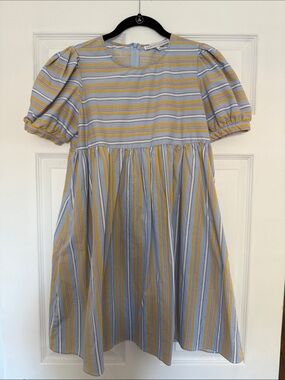 English Factory Striped Puff Sleeve Dress - Yellow & Light Blue